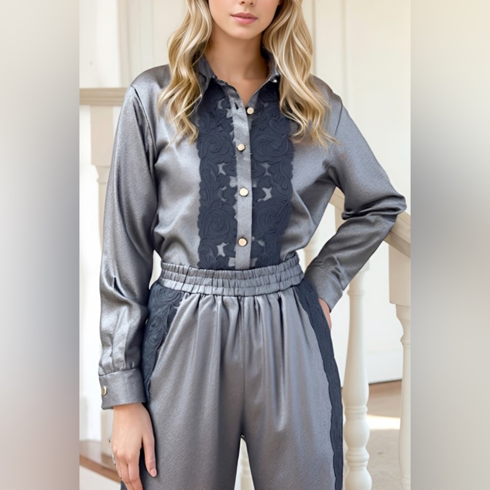 S74. Metallic Shirt And Pants Set With Floral Lace - Picture 3 of 3